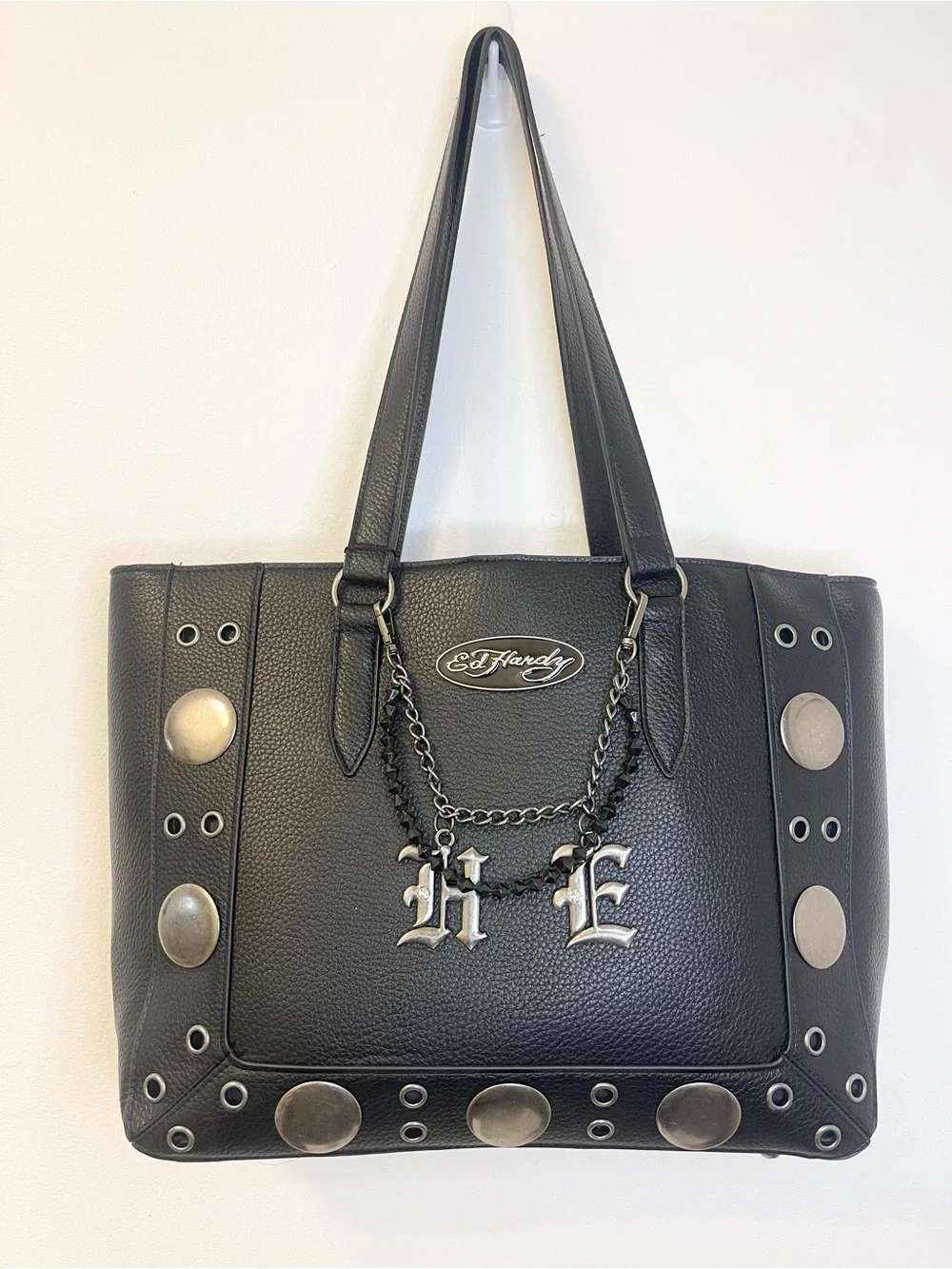 Ed Hardy Studded Black Tote with Silver Studs & Chain Charm